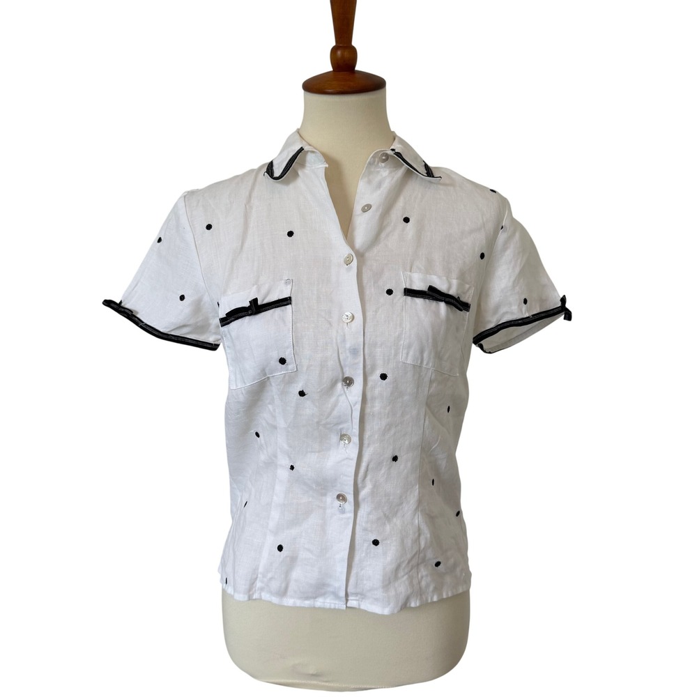 Richard Malcolm White Irish Linen Polka Dot Short Sleeve Button Down‎ Shirt Bows
